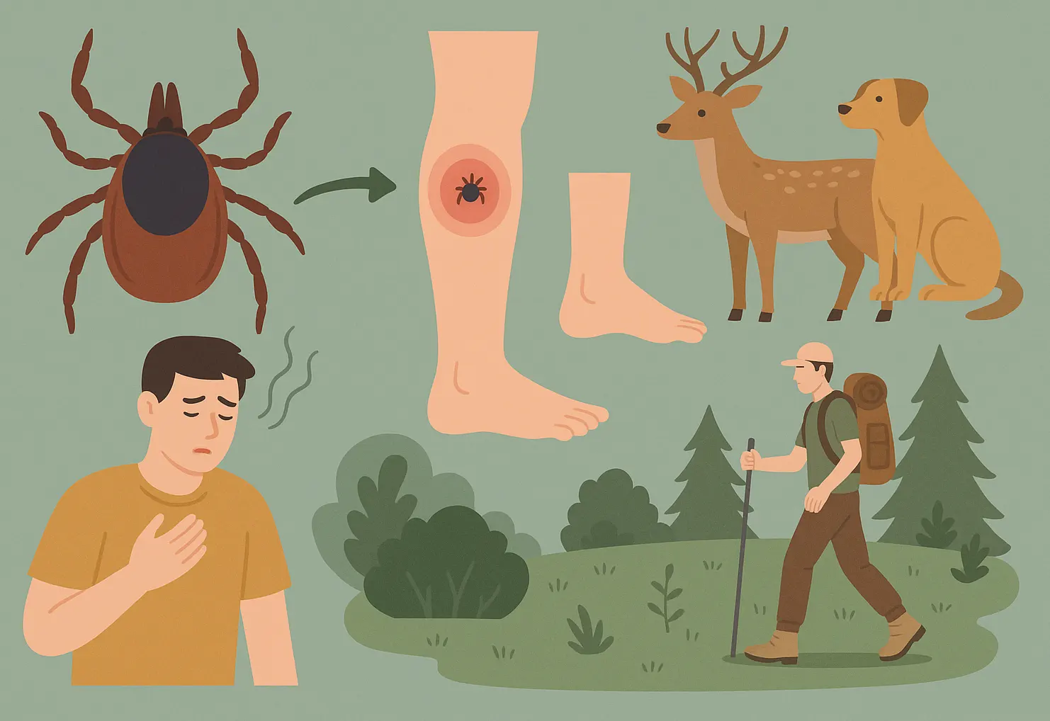 Illustration of tick embed on leg, tick bite removal and prevention tips.